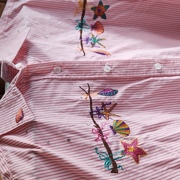 Quacker Factory, Womens Summer Artsy, Pink Striped Embroidered Beach Shells Sz M - Picture 2 of 7